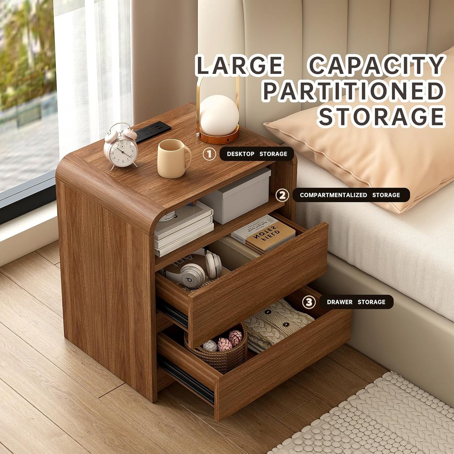 Walnut Nightstand Set of 2 with Charging Station, 21 Inch Wide Night Stand with Drawers, Modern Bedroom Bedside End Table with Round Corners Anti-Collision Design for Dorm, Sofa, Office