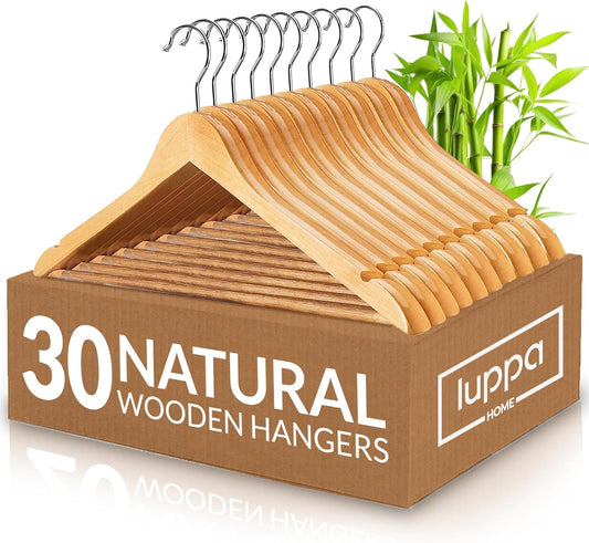 Wooden Hangers 30 Pack - Natural Top Notch Durable & Slim Coat Hanger - Suit Hangers with 360-Degree Rotatable Hook - Wood Hangers with Shoulder Grooves