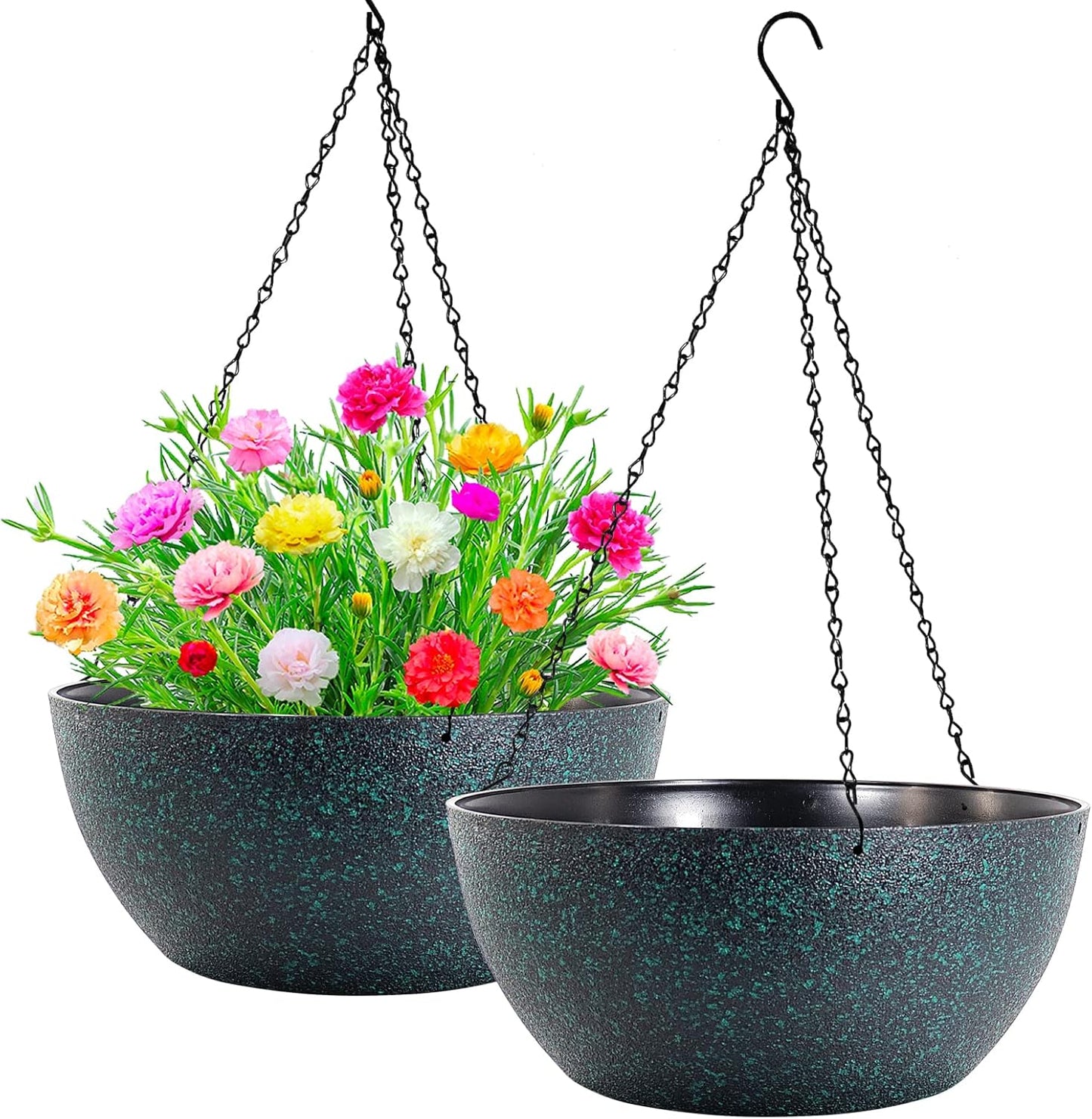 WOUSIWER 13 inch 2 Pack Large Hanging Planters for Indoor Outdoor Plants with Drainage Holes and Chain, Round Hanging Flower Pots for Garden Home Porch Decor, Myrtle Green