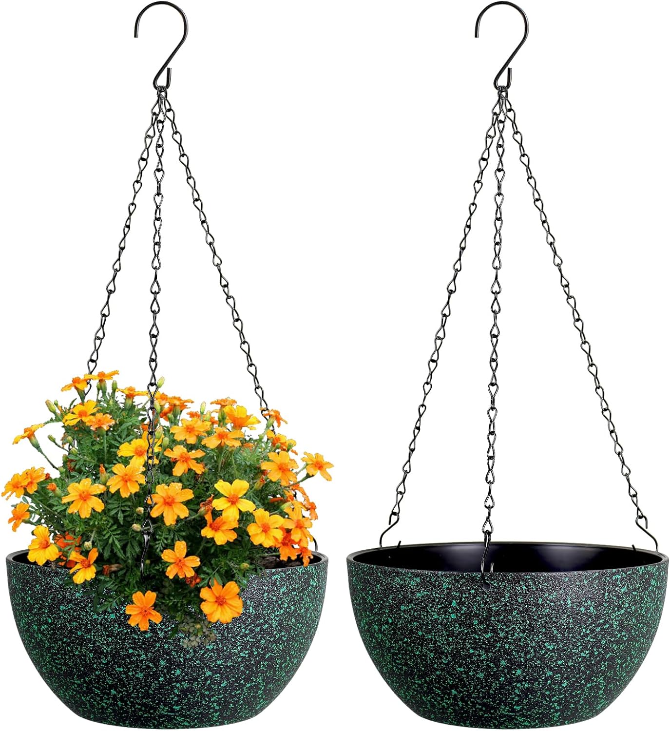 10 inch Hanging Planters for Indoor Outdoor Plants, 2 Pack Hanging Flower Pots with Drainage Holes and Chain for Garden Porch Plants, Round Plastic Hanging Baskets for House Plants, Black
