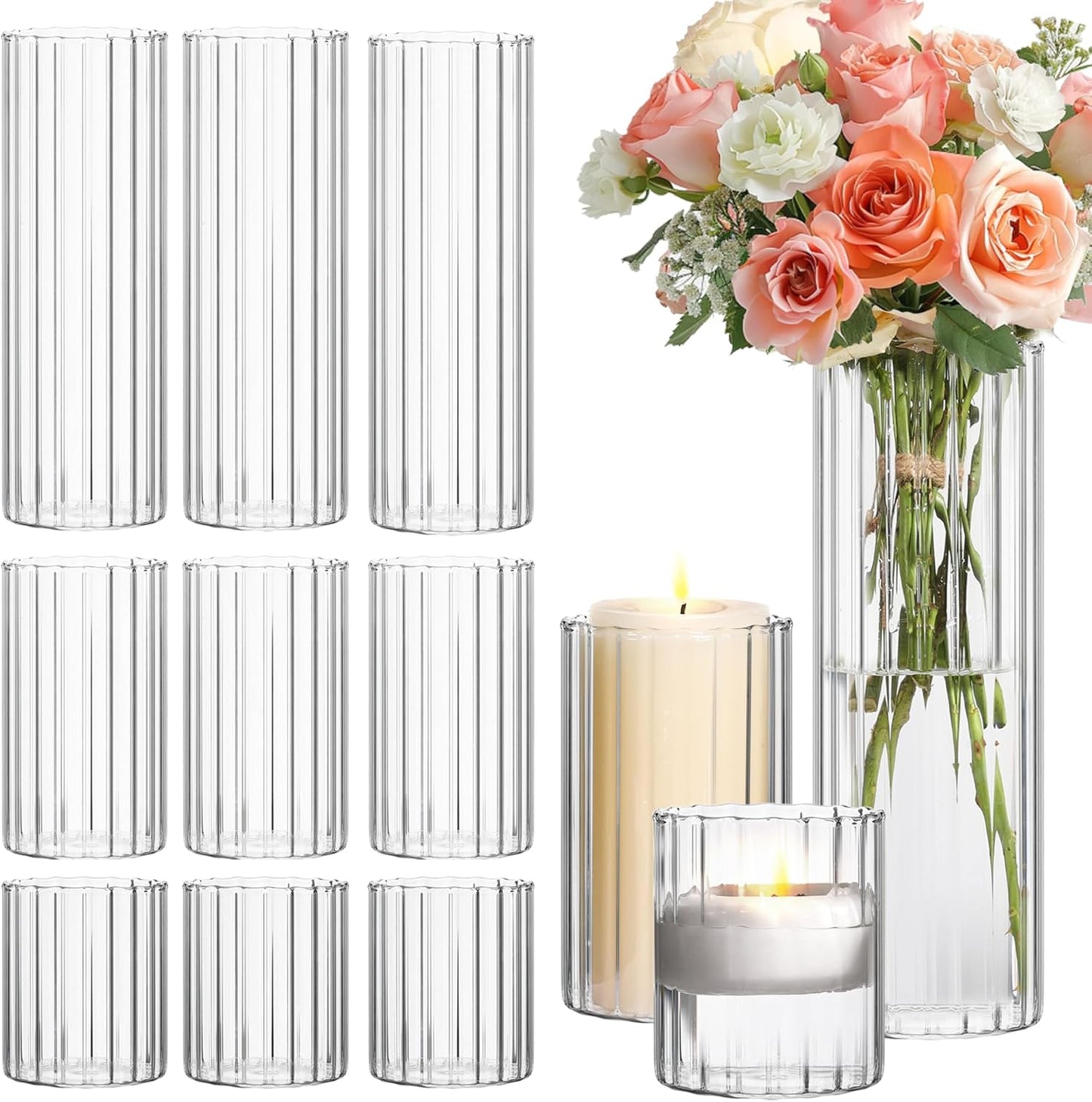 ComSaf Glass Cylinder Vases Pack of 12, Clear Ribbed Bud Vases for Centerpieces Weeding Decoration, 6 inch Tall Clear Flower Vases in Bulk, Hurricane Candle Holder for Party Home Decor