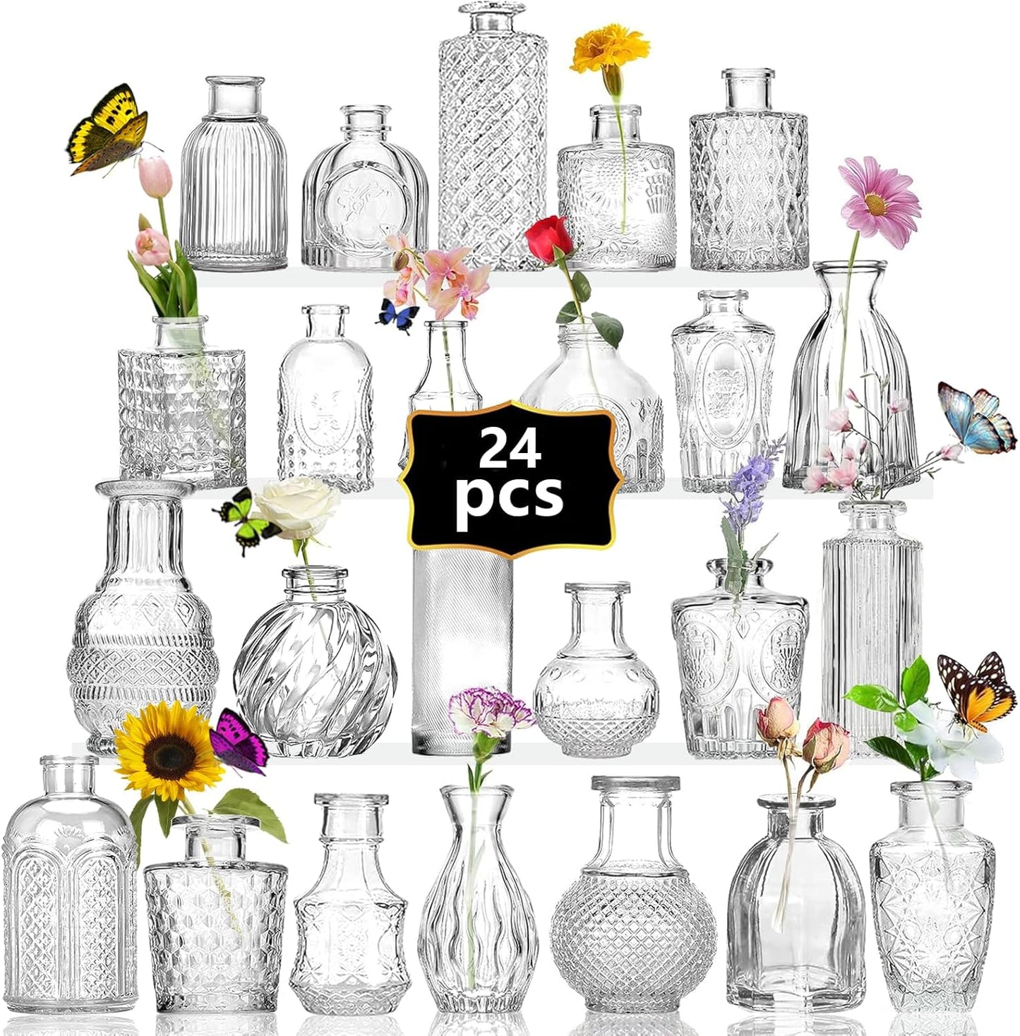 Glass Bud Vase Set of 32PCS Wedding Centerpieces for Tables,Mini Clear Bud Vases for Flowers,Small Flower Vases Suitable for Birthday Party,Anniversary,Wedding,Baby Shower (Clear, 32PCS)