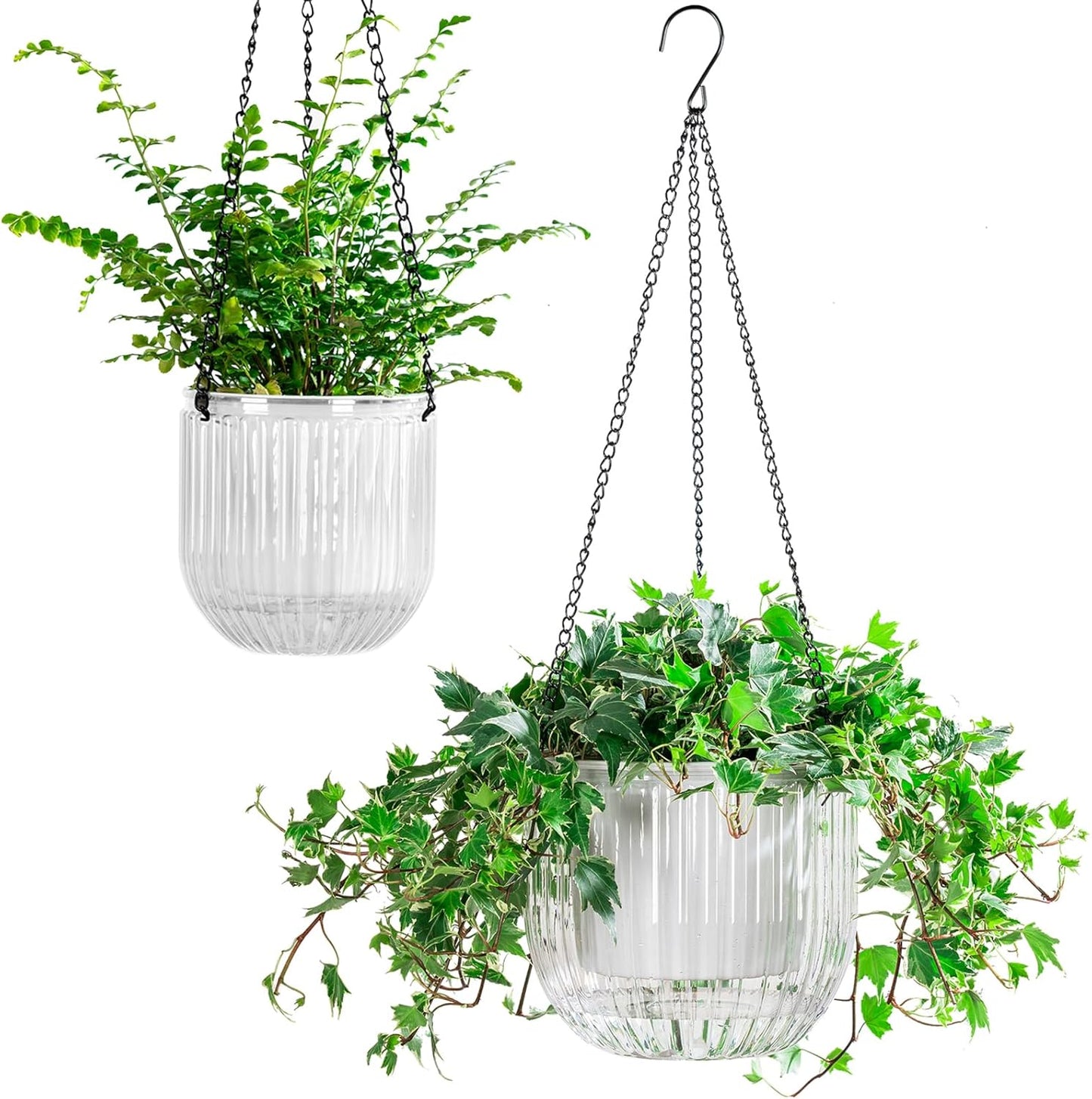 Melphoe 2 Pack Self Watering Hanging Planters Indoor Flower Pots, 6.5 Inch Outdoor Hanging Plant Basket, Hanger with 3Hooks Drainage Holes for Garden Home (Emerald + Gray)