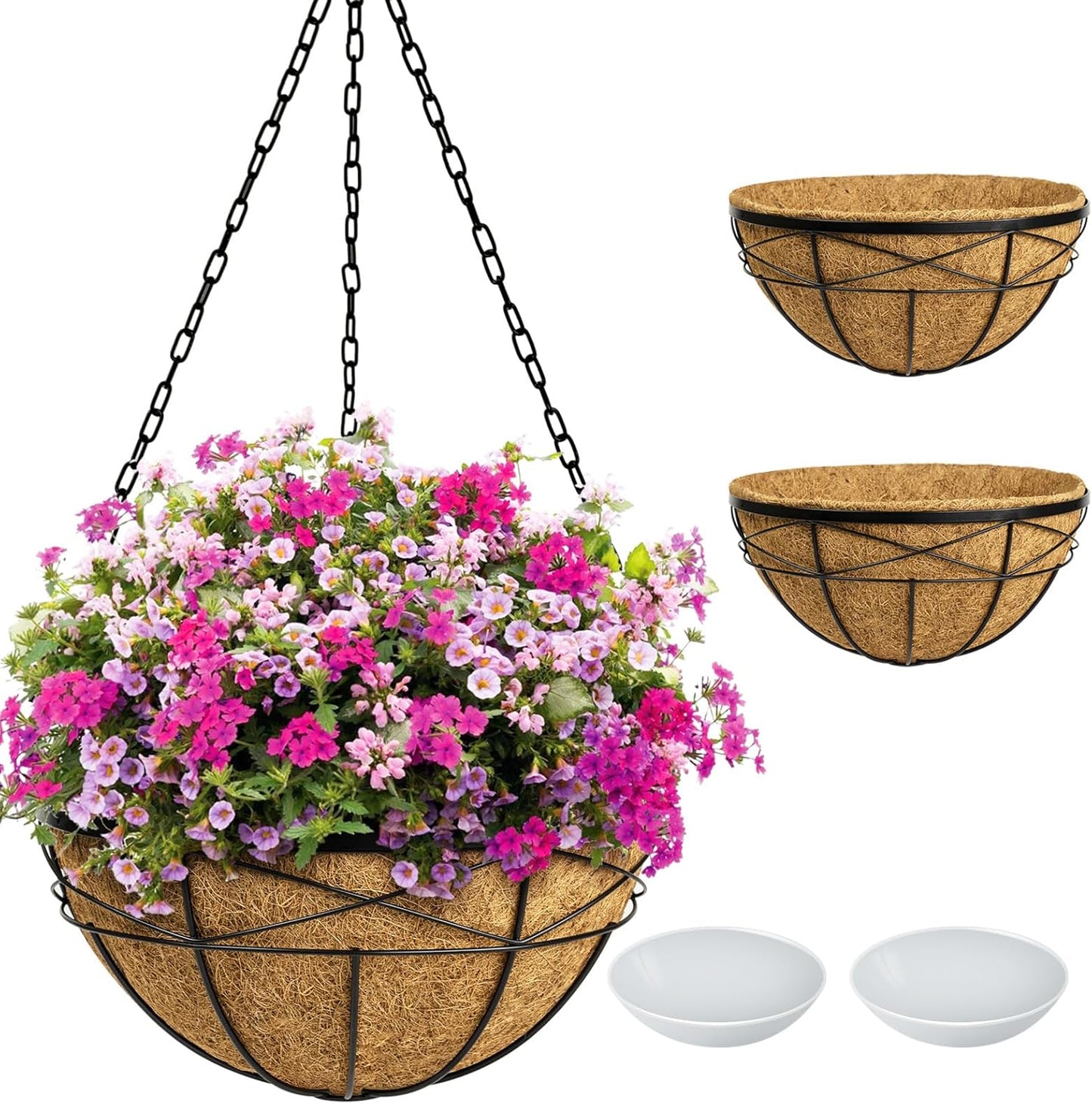 Hanging Planters for Outdoor Plants: 4 Pack 16" Hanging Baskets Flower Pots with Coco Liners & Plastic Saucer Extra Large Deep Hanging Plant Holder for Porch Balcony Garden Décor