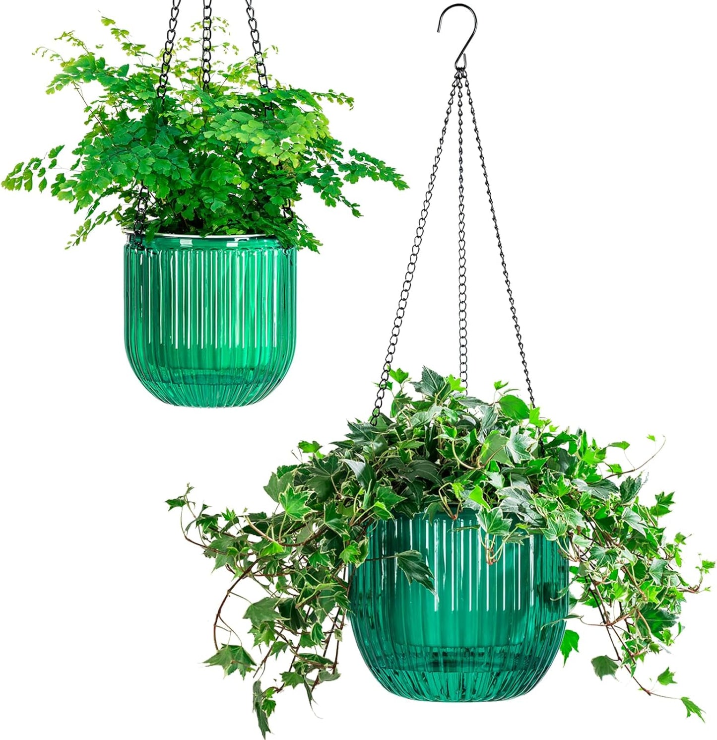 Melphoe 2 Pack Self Watering Hanging Planters Indoor Flower Pots, 6.5 Inch Outdoor Hanging Plant Basket, Hanger with 3Hooks Drainage Holes for Garden Home (Emerald + Gray)