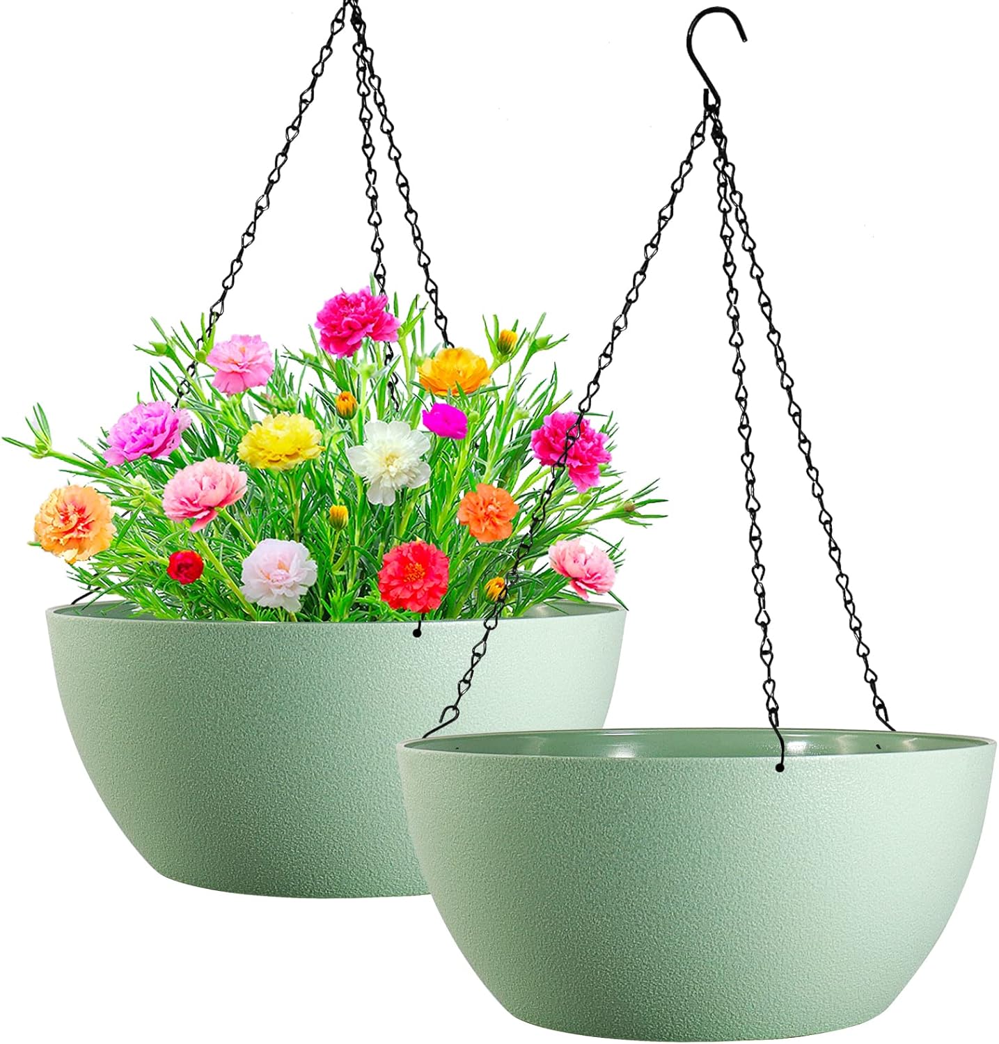 WOUSIWER 13 inch 2 Pack Large Hanging Planters for Indoor Outdoor Plants with Drainage Holes and Chain, Round Hanging Flower Pots for Garden Home Porch Decor, Myrtle Green