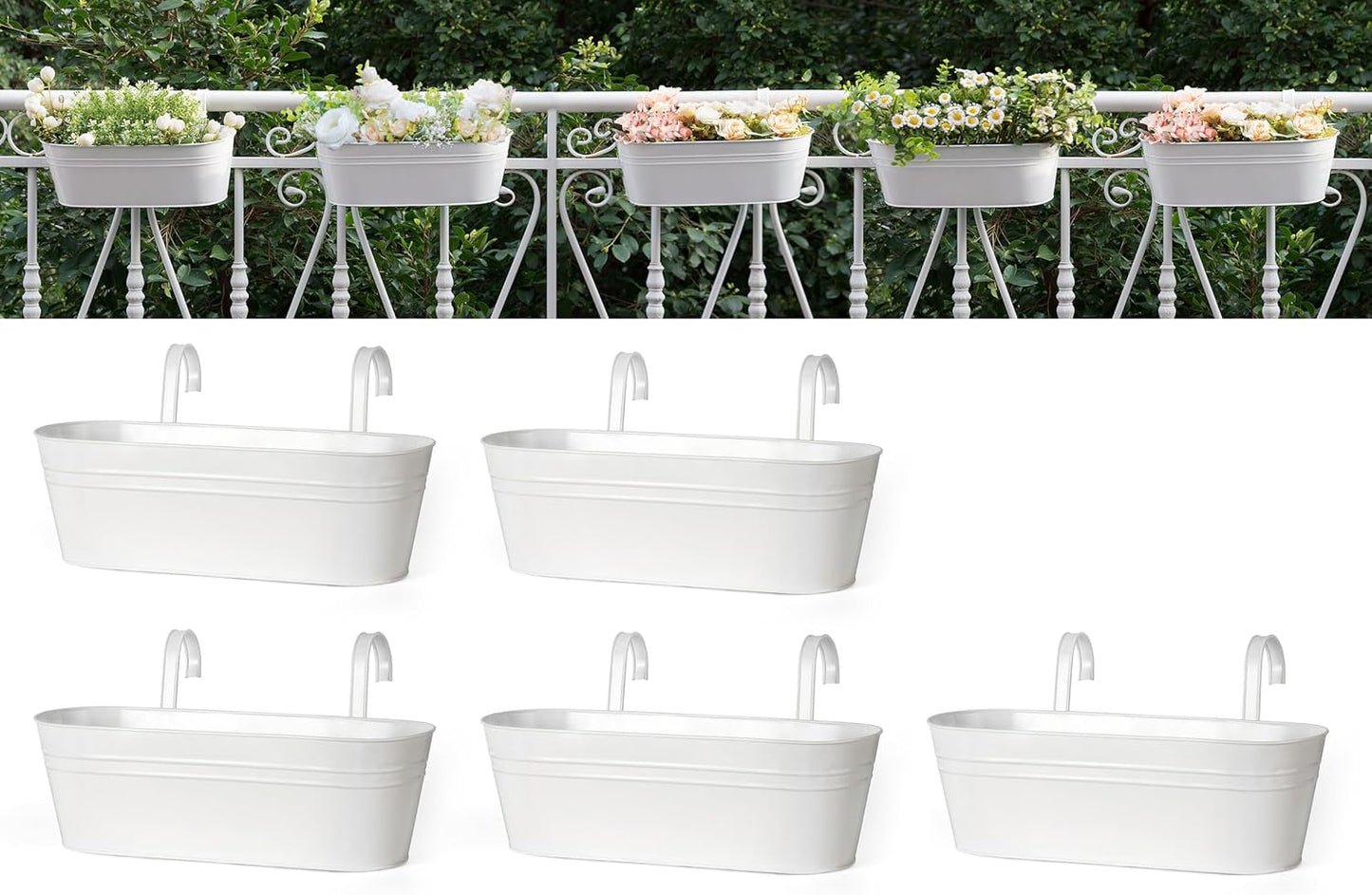 Dahey 3 Pcs Metal Hanging Flower Pots for Railing Fence Outdoor Planter 15.7 Inch Hanging Bucket Pots Countryside Window Flower Plant Holder with Detachable Hooks for Garden Yard Home Decor,Black