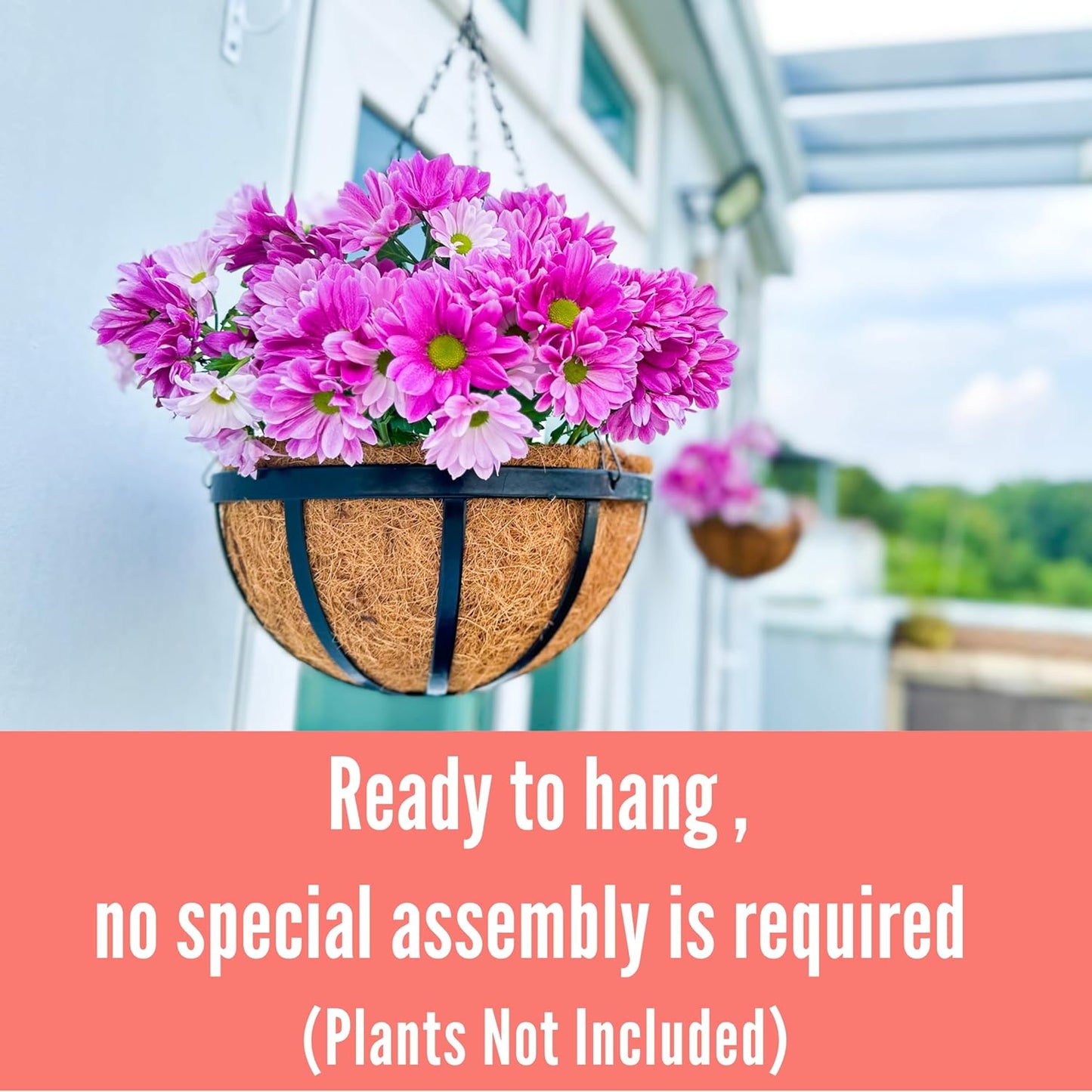 LaLaGreen Outdoor Hanging Baskets for Plants (4 Pack, 20 Inch) Extra Large Black Metal Flat Iron Hanging Planter with Coco Liner Round Flower Pot Holder Deck Porch Modern Garden Balcony Rustic Decor