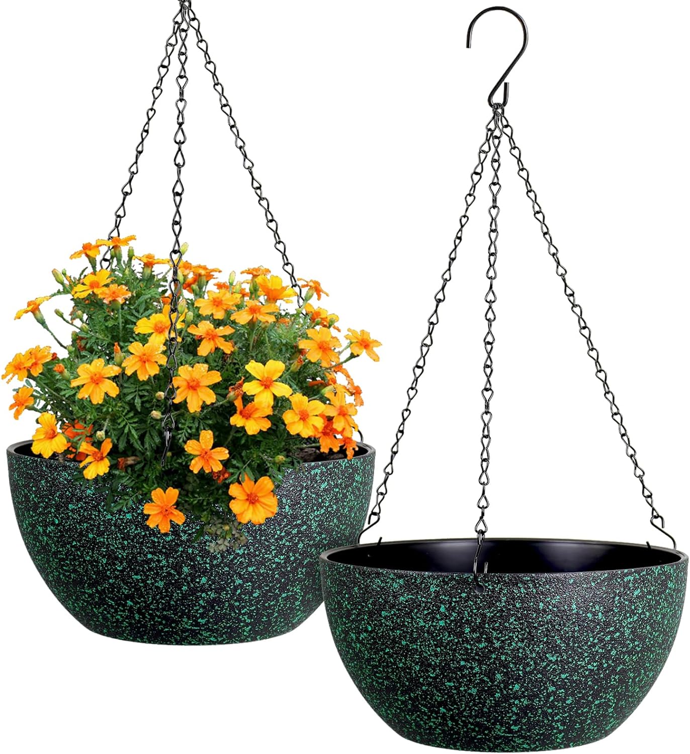 10 inch Hanging Planters for Indoor Outdoor Plants, 2 Pack Hanging Flower Pots with Drainage Holes and Chain for Garden Porch Plants, Round Plastic Hanging Baskets for House Plants, Black