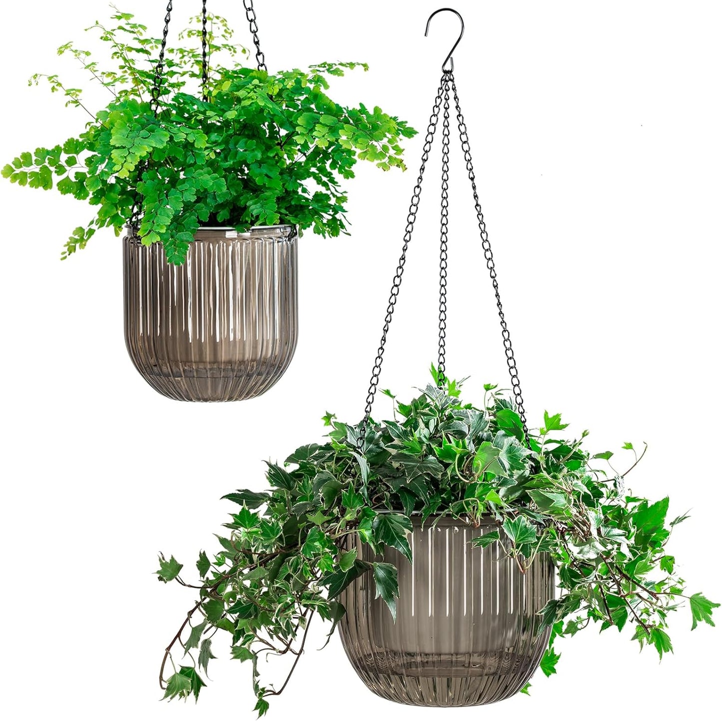 Melphoe 2 Pack Self Watering Hanging Planters Indoor Flower Pots, 6.5 Inch Outdoor Hanging Plant Basket, Hanger with 3Hooks Drainage Holes for Garden Home (Emerald + Gray)