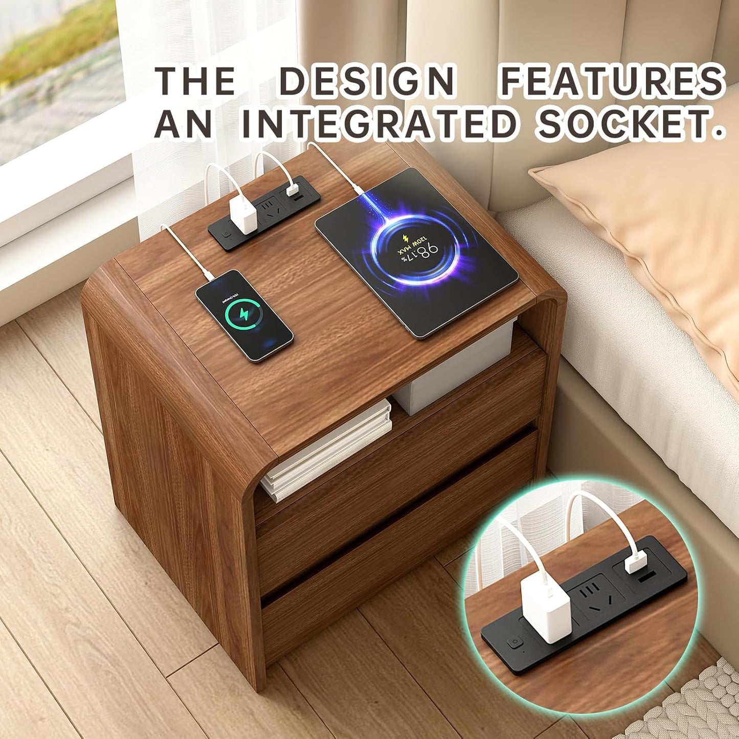 Walnut Nightstand Set of 2 with Charging Station, 21 Inch Wide Night Stand with Drawers, Modern Bedroom Bedside End Table with Round Corners Anti-Collision Design for Dorm, Sofa, Office