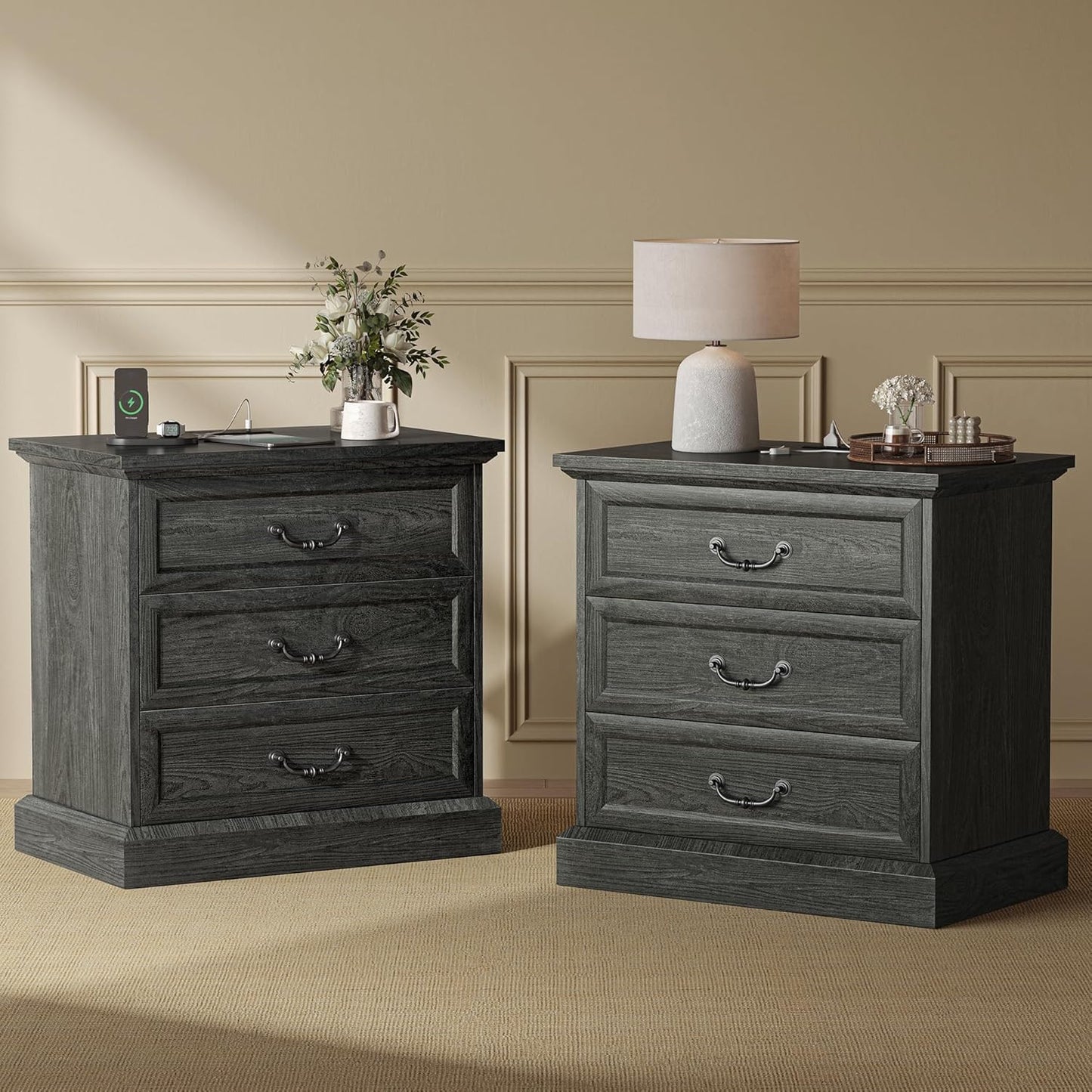 Huuger Nightstand with Charging Station, 3 Drawer Night Stand Set of 2, 22 Inch Wider Side Table with Storage, Farmhouse Nightstand with Vintage Handles, Thicken Base, for Bedroom, Distressed White