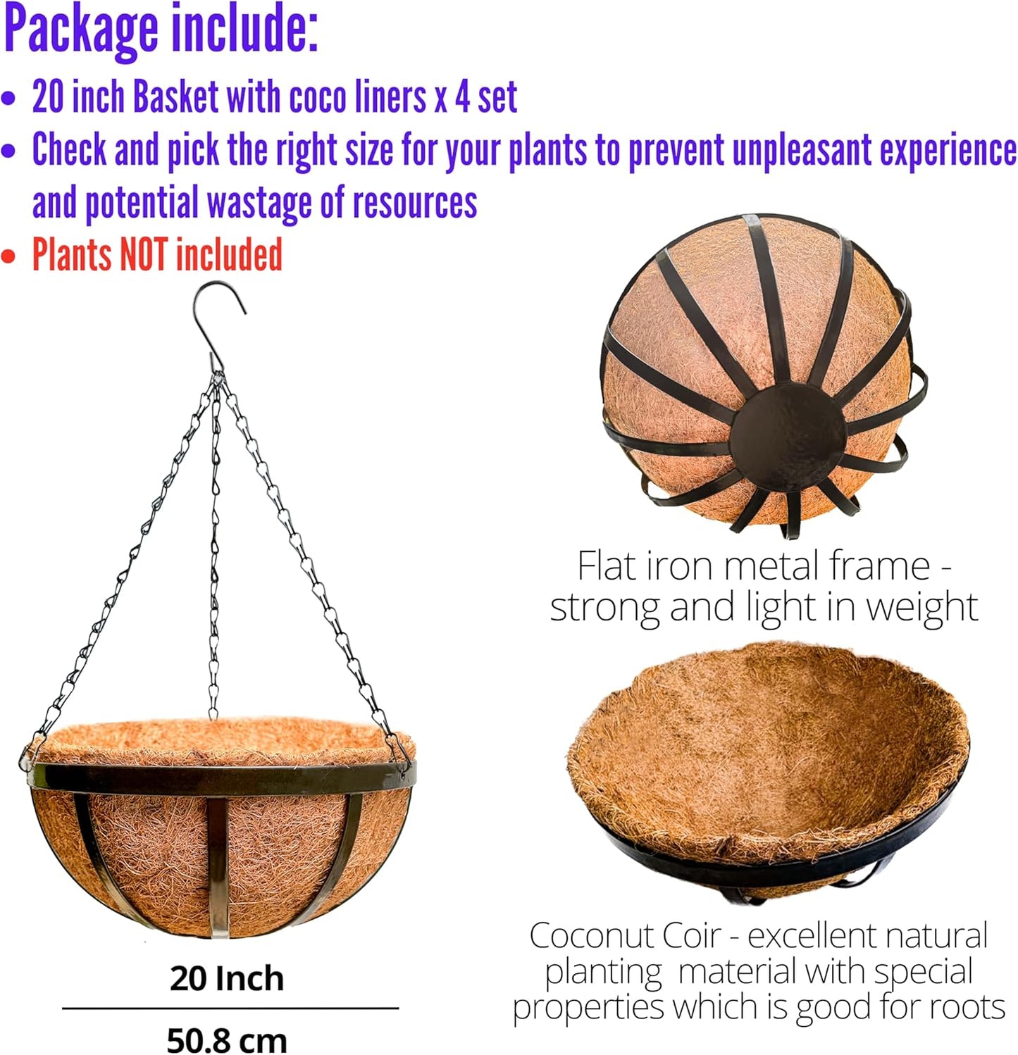 LaLaGreen Outdoor Hanging Baskets for Plants (4 Pack, 20 Inch) Extra Large Black Metal Flat Iron Hanging Planter with Coco Liner Round Flower Pot Holder Deck Porch Modern Garden Balcony Rustic Decor