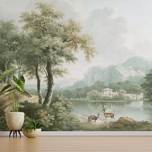 Vintage Forest Wall Mural Peel and Stick 133" W X 98" H Beige Green Nature Wall Mural with Deer Retro Rustic Landscape Wall Paper Self-Adhesive Large Wall Paintings Art Decor for Bedroom Living Room