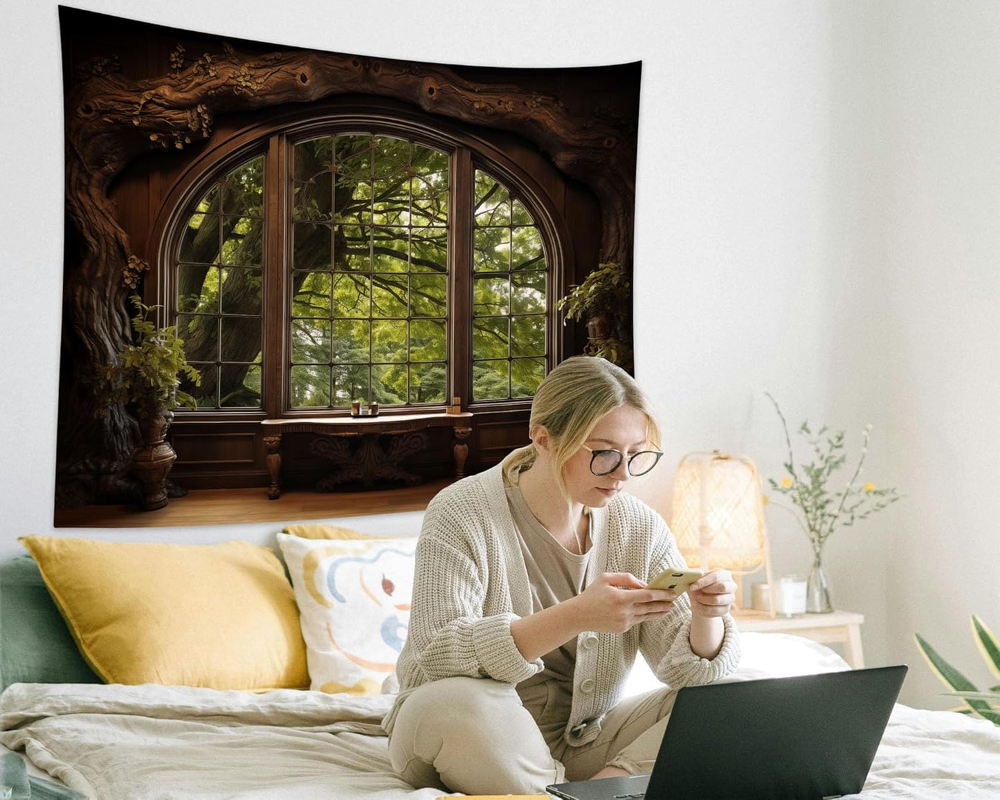 QGHOT Window Tapestry, Outdoor Forest Tapestry Wall Hanging