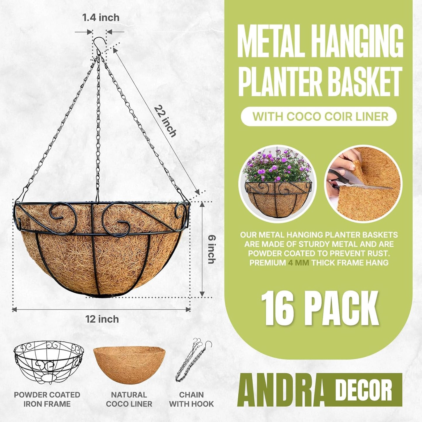 16 Pack Hanging Planter Basket Outdoor Large Hanging Flower Pots Indoor 12 inch with Coco Coir Liner Round Wire Plant Holder Chain Hanging Basket for Garden Home Decor Balcony Office