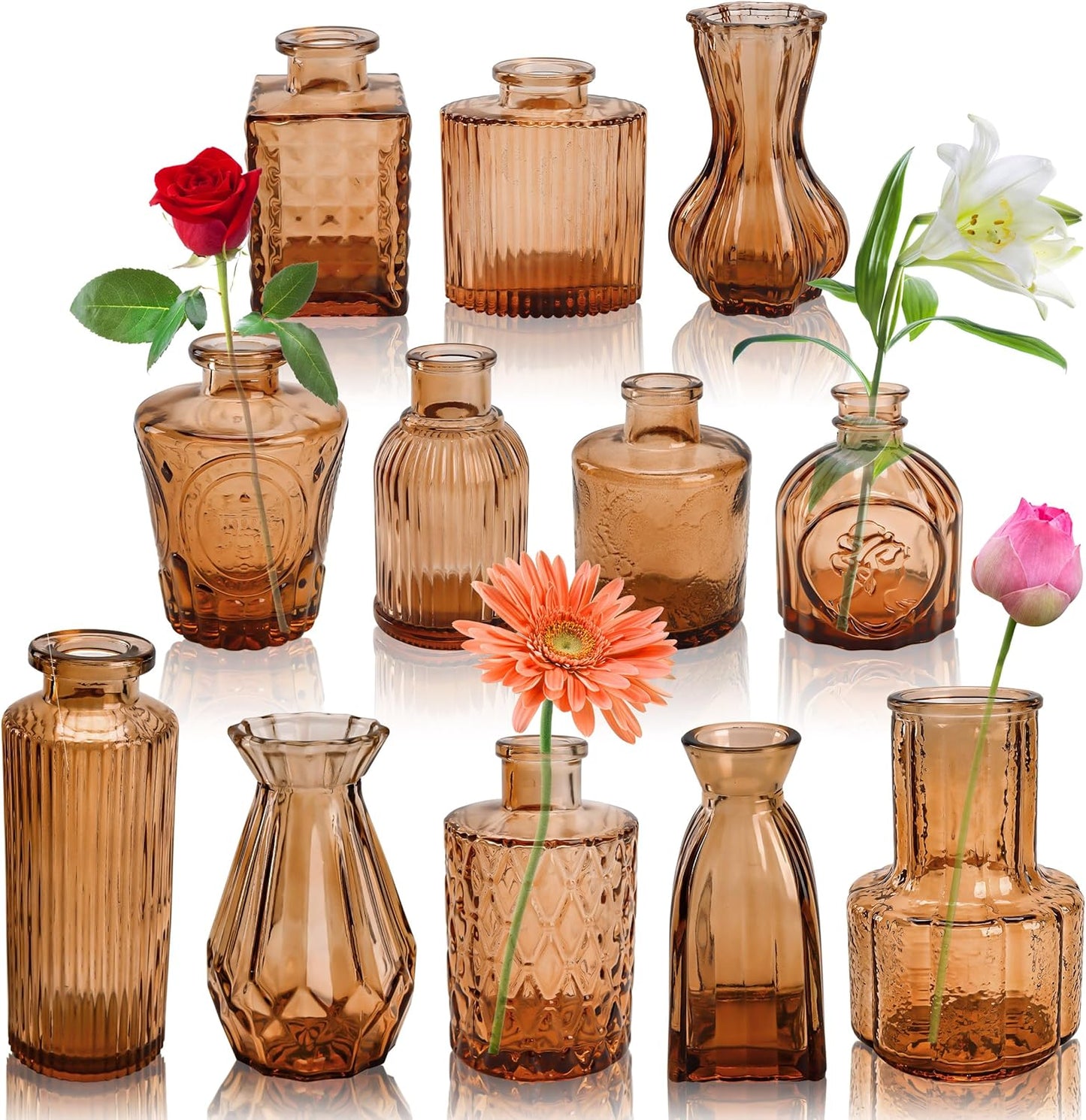 Der Rose Glass Bud Vases Set of 12, Small Bud Vases for Flowers, Rustic Wedding Centerpieces and Home Decor