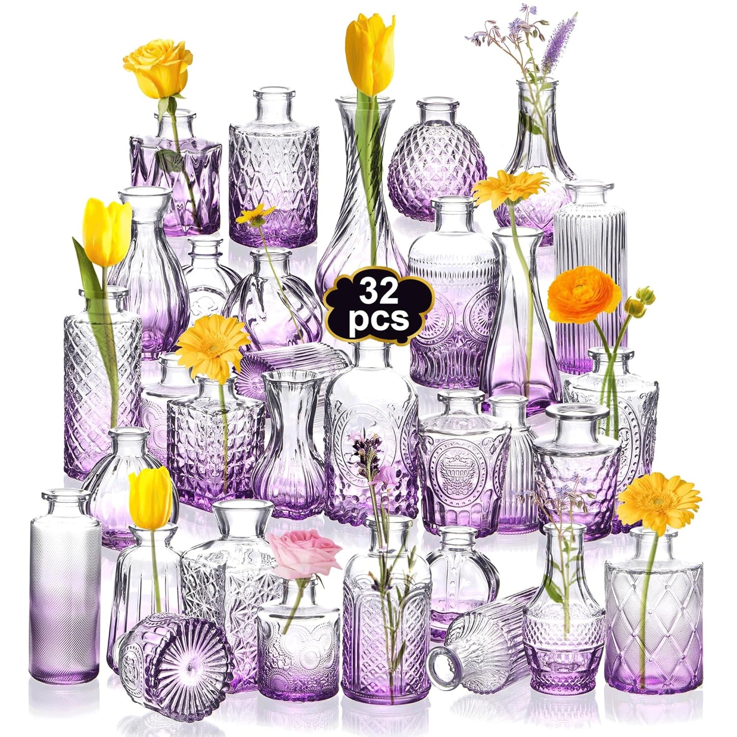 Clear Bud Vases Bulk 32,Small Flower Vases for Wedding,Glass Vintage Vase Set for Centerpieces,Recepetion,Home