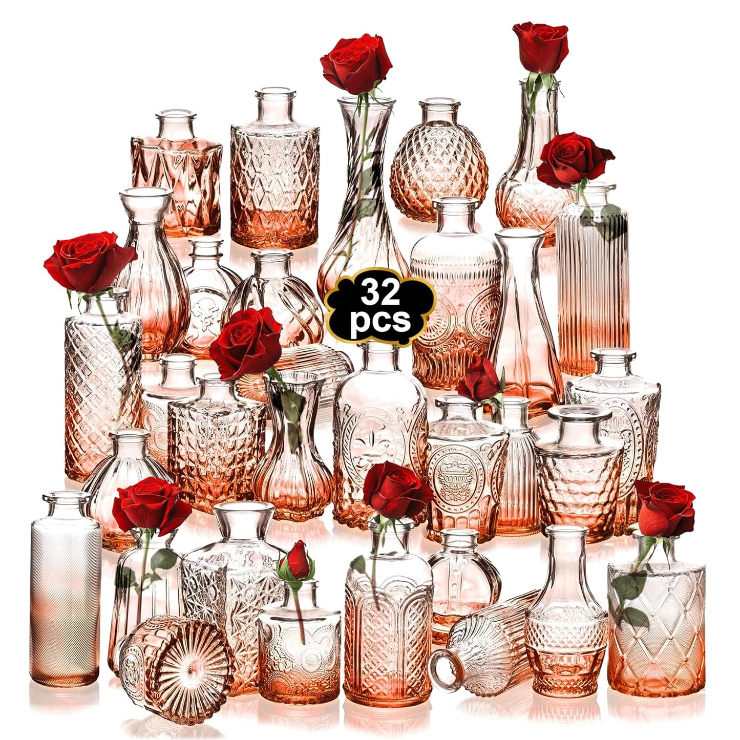 Clear Bud Vases Bulk 32,Small Flower Vases for Wedding,Glass Vintage Vase Set for Centerpieces,Recepetion,Home