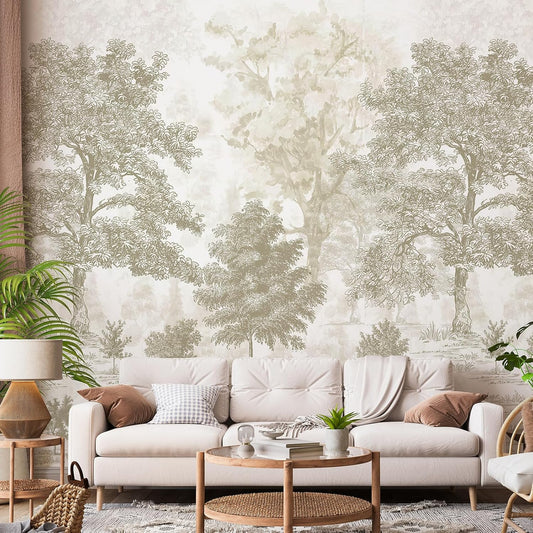 Vintage Forest Wall Mural Peel and Stick 148" W x 98" H Beige Tree Wallpaper Self-Adhesive Large Nature Landscapes Murals Canvas Wall Decor for Bedroom Bathroom