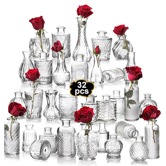 Clear Bud Vases Bulk 32,Small Flower Vases for Wedding,Glass Vintage Vase Set for Centerpieces,Recepetion,Home