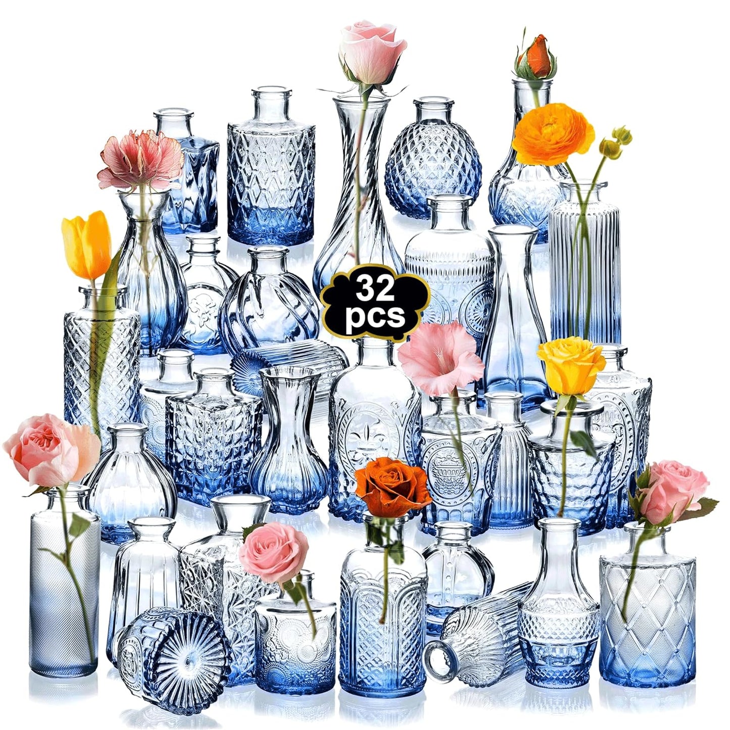 Clear Bud Vases Bulk 32,Small Flower Vases for Wedding,Glass Vintage Vase Set for Centerpieces,Recepetion,Home