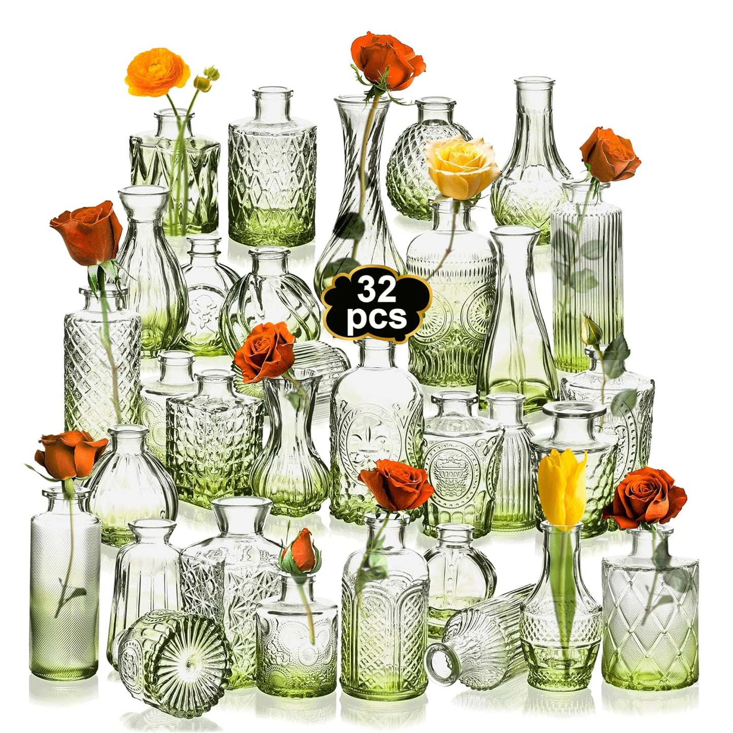 Clear Bud Vases Bulk 32,Small Flower Vases for Wedding,Glass Vintage Vase Set for Centerpieces,Recepetion,Home