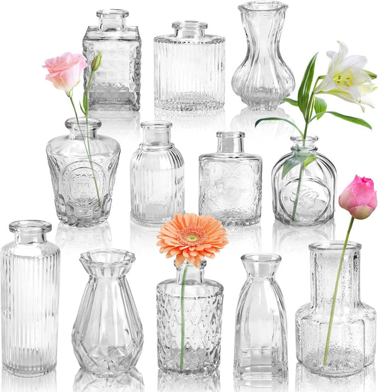 Der Rose Glass Bud Vases Set of 12, Small Bud Vases for Flowers, Rustic Wedding Centerpieces and Home Decor