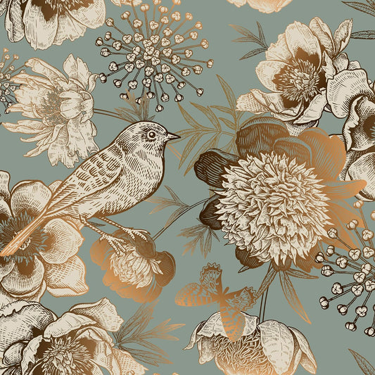 17.5in×39ft Gold Peel and Stick Wallpaper Vintage Floral Wallpaper Gold Birds Floral Removable Wallpaper Stickers for Walls Bedroom Living Room Decor Self Adhesive Teal Vinyl Contact Paper