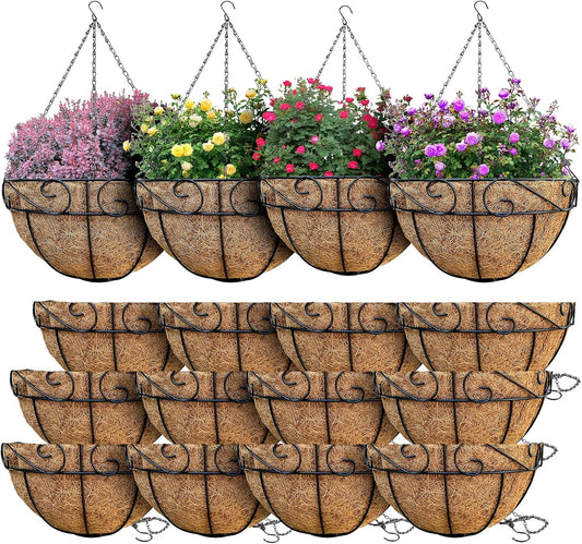 16 Pack Hanging Planter Basket Outdoor Large Hanging Flower Pots Indoor 12 inch with Coco Coir Liner Round Wire Plant Holder Chain Hanging Basket for Garden Home Decor Balcony Office